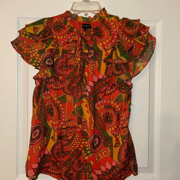 1. State NWT Multicolor Short Ruffle Sleeve Geometric Top Medium - Picture 1 of 3